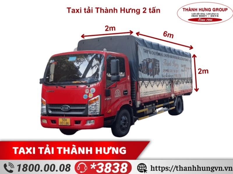 Cho thuê xe tải Quận 2 TERACO 2 tấn, kích thước: 6m x 2m x 2m, thùng bạt