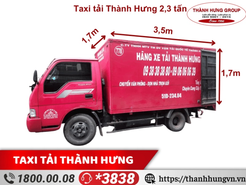 Cho thuê xe tải Quận 2 ISUZU 2,3 tấn, kích thước: 3,5m x 1,7m x 1,7m, thùng kín