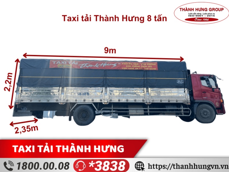 Cho thuê xe tải Quận 2 HINO 8 tấn, kích thước: 9m x 2,35m x 2,2m, thùng bạt