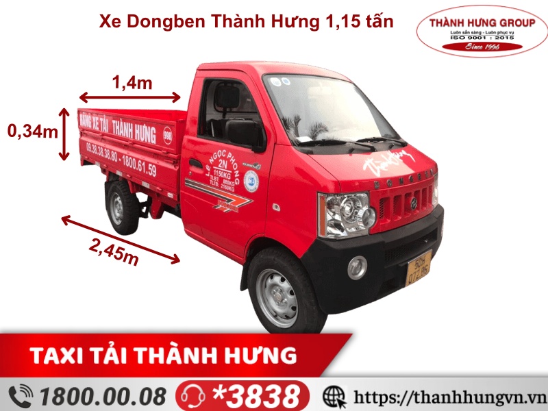 Cho thuê xe tải Quận 2 DONG BEN 1.15 tấn, kích thước xe: 4,25m x 1,5m x 1,805m, kích thước lòng thùng hàng: 2,45m x 1,4m x 0,34m