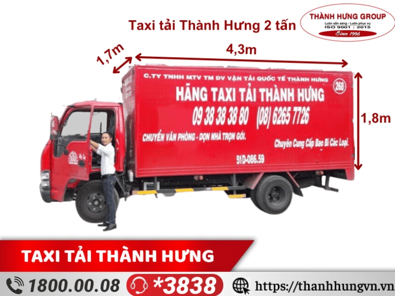 Cho thuê xe tải Quận 2 ISUZU 2 tấn, kích thước: 4,3m x 1,7m x 1,8m, thùng kín