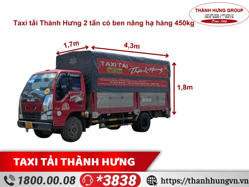 Cho thuê xe tải Quận 2 ISUZU QKR270 2 tấn, kích thước: 4,3m x 1,7m x 1,8m, thùng bạt