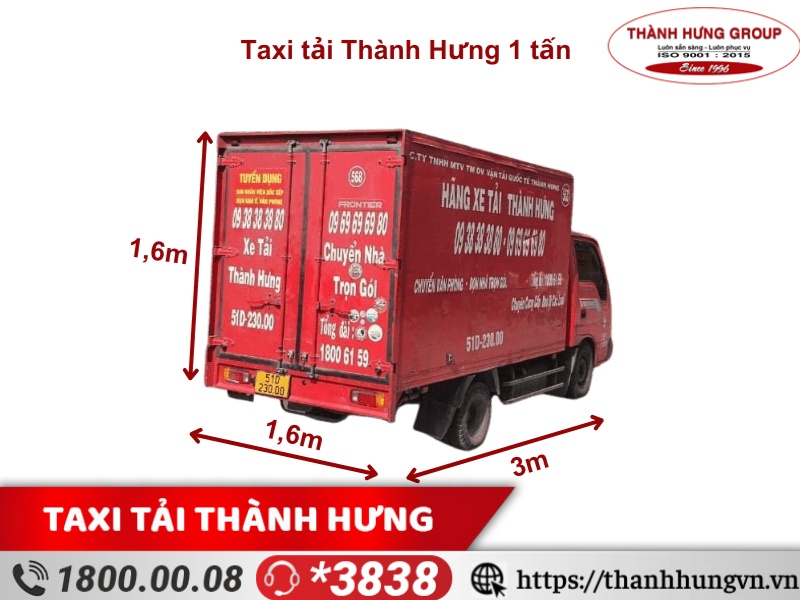 Cho thuê xe tải Quận 2 THACO FRONTIER 1 tấn, kích thước 3m x 1,6m x 1,6m, thùng kín