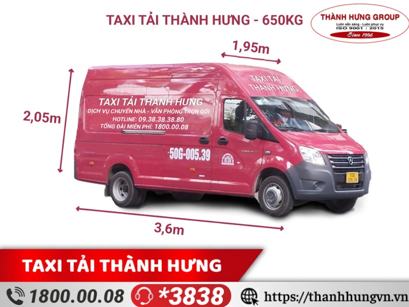 Cho thuê xe tải Quận 2 VAN GAZ 650kg, kích thước 3,6m x 1,95m x 2,05m, thùng kín