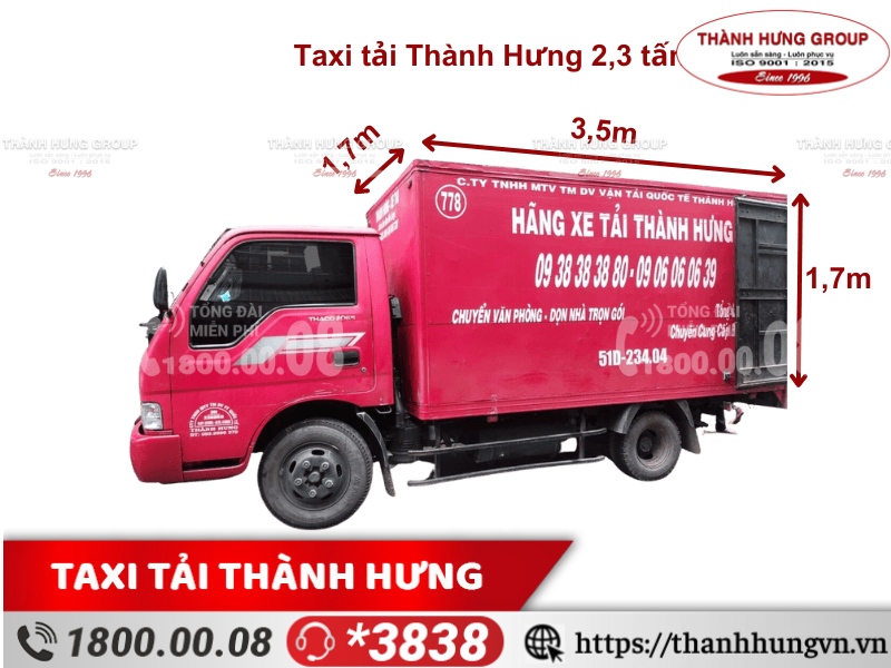 Cho thuê xe tải Quận 6 ISUZU 2,3 tấn, kích thước: 3,5m x 1,7m x 1,7m, thùng kín