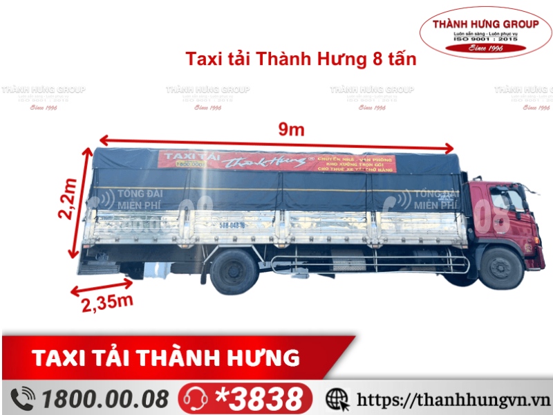 Cho thuê xe tải Quận 6 HINO 8 tấn, kích thước: 9m x 2,35m x 2,2m, thùng bạt