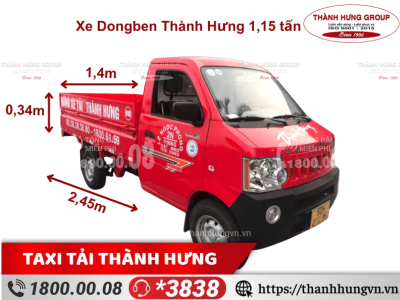 Cho thuê xe tải Quận 6 DONG BEN 1.15 tấn, kích thước xe: 4,25m x 1,5m x 1,805m, kích thước lòng thùng hàng: 2,45m x 1,4m x 0,34m