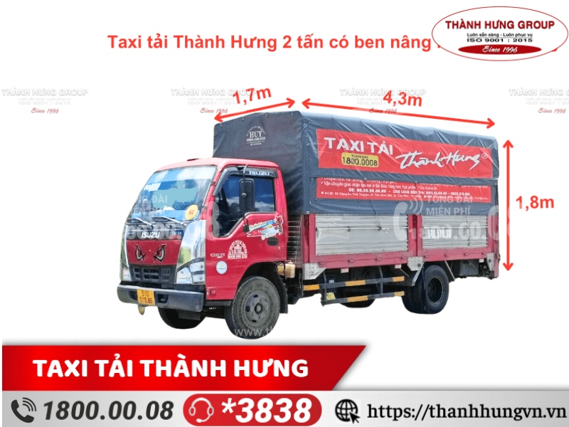 Cho thuê xe tải Quận 6 ISUZU QKR270 2 tấn, kích thước: 4,3m x 1,7m x 1,8m, thùng bạt