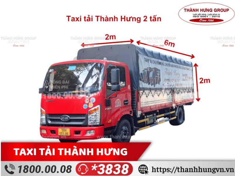 Cho thuê xe tải Quận 6 TERACO 2 tấn, kích thước: 6m x 2m x 2m, thùng bạt