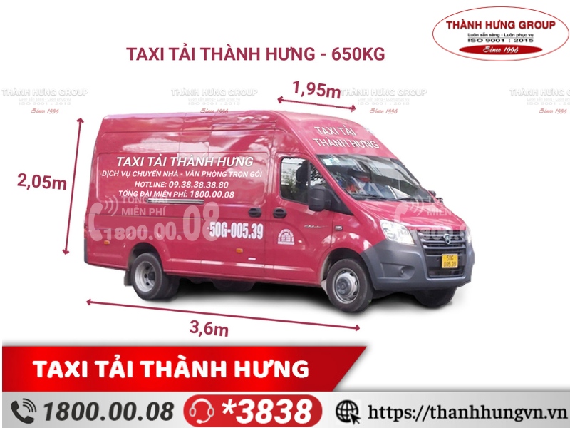 Cho thuê xe tải Quận 6 VAN GAZ 650kg, kích thước 3,6m x 1,95m x 2,05m, thùng kín